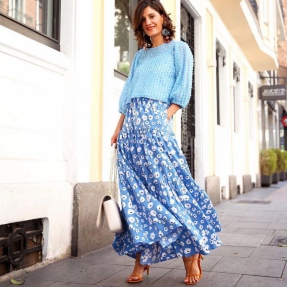 Zara 100% cotton Floral Blue Maxi Skirt sz XS/S nwot, 004 - Picture 4 of 7
